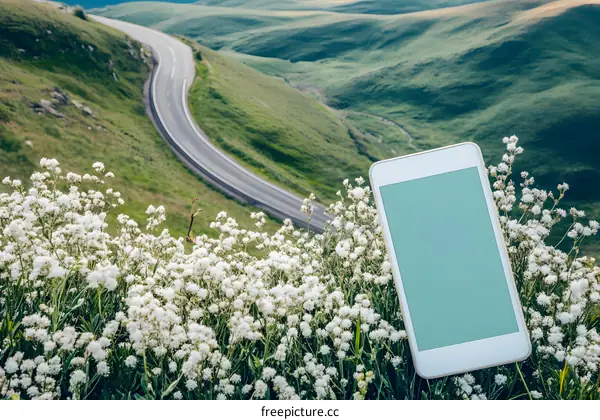 Smartphone on a Mountain Road with Flowers in Bloom