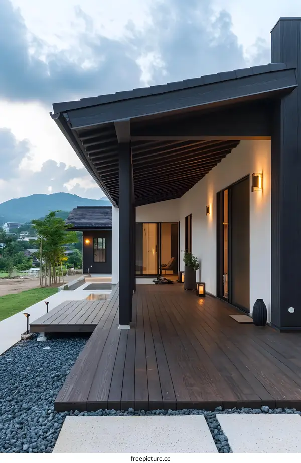 Modern Japanese Style House Exterior With Wooden Deck