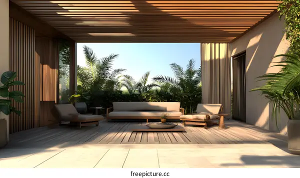 Modern Patio Design With Wooden Pergola And Tropical Plants