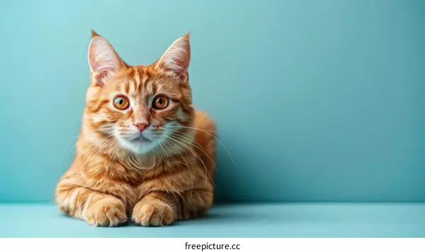 A ginger cat is sitting on a blue table.
