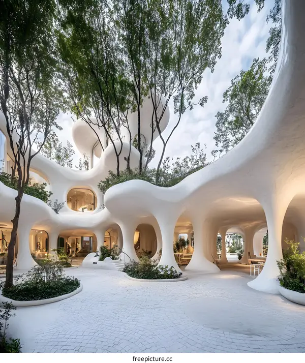Modern White Building with Organic Architecture and Lush Greenery
