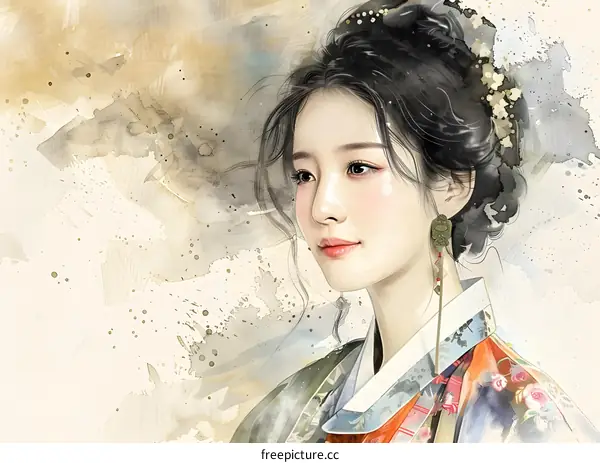 A beautiful young woman in a traditional Korean dress, hanbok, smiling.