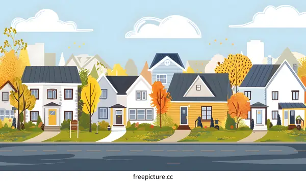 Colorful Autumn Houses in a Suburb
