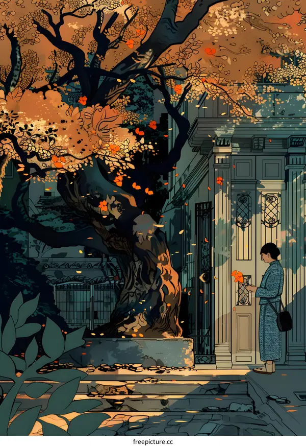 Autumn Leaves Falling on a Woman Standing in Front of a Building