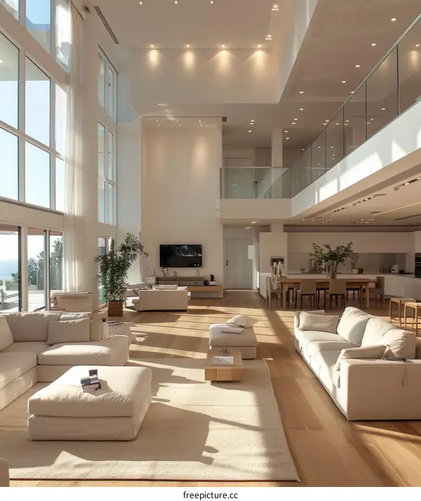 Modern Living Room with High Ceilings and Large Windows