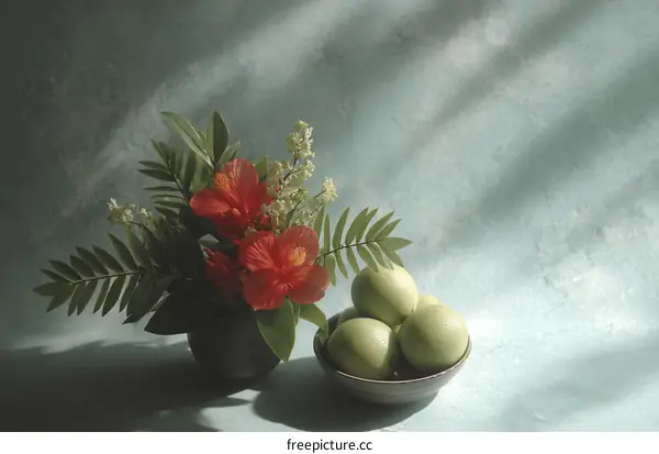 Floral Still Life Arrangement with Fruits