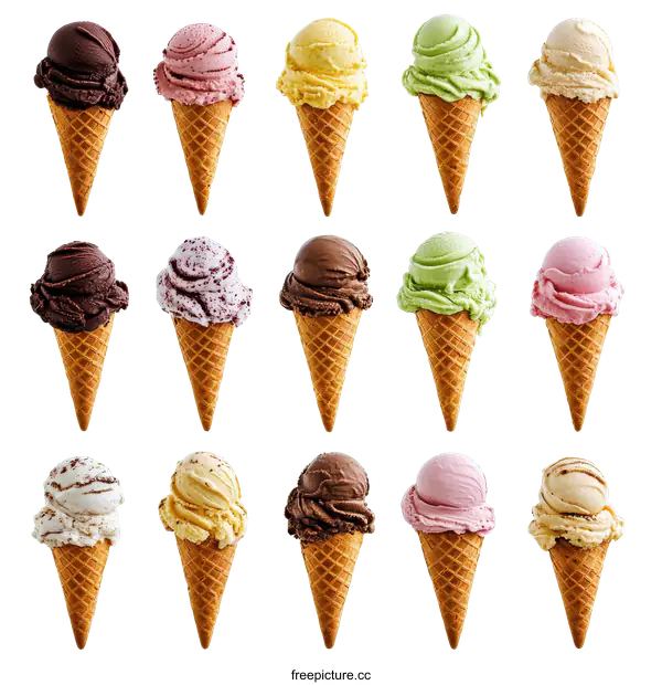 [Transparent Background PNG]Assorted Ice Cream Cones on White Background