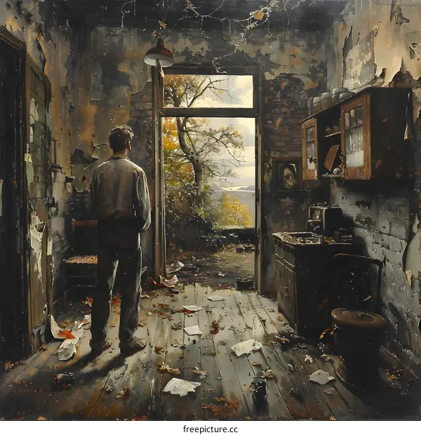 A man standing in a ruined room looking out at a beautiful landscape