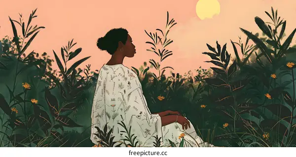 Woman in White Dress Sitting in Field of Green