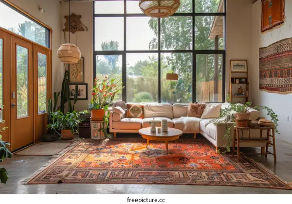 Living room with arched window and colorful decor