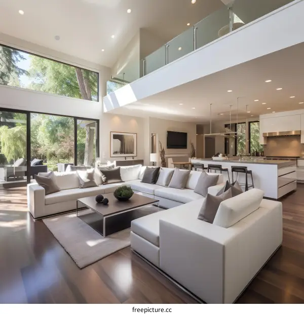 Modern Living Room with Open Floor Plan and Vaulted Ceiling