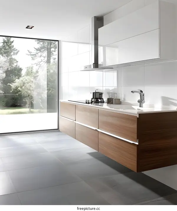 Modern Kitchen with Wooden Cabinets and a Window View