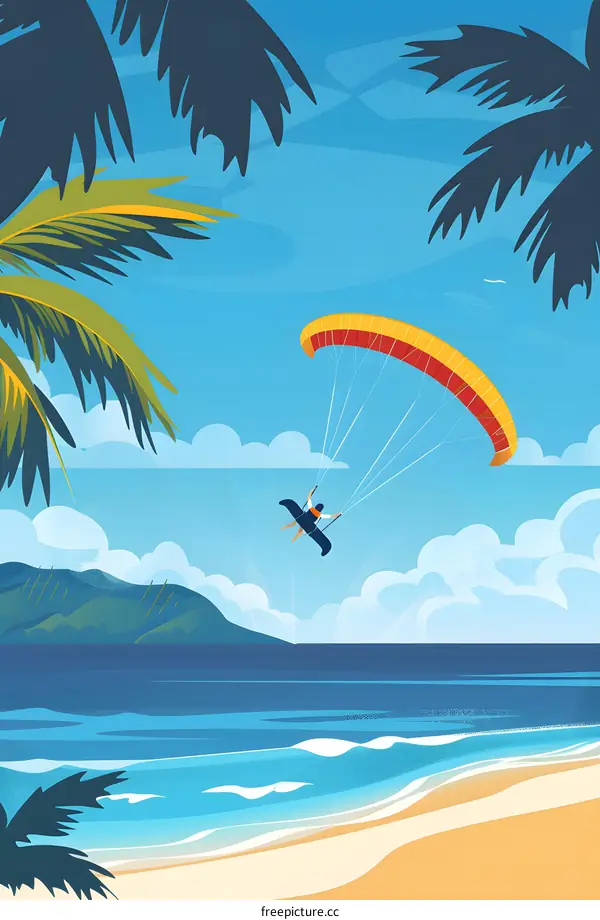 Paragliding over the tropical beach with palm trees