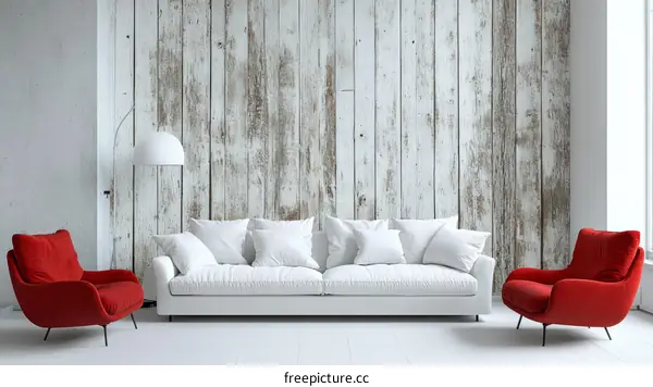 Modern White Sofa with Red Armchairs Interior Design