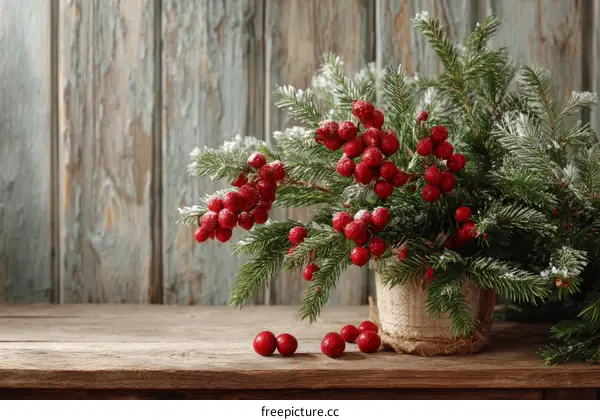 Christmas Decor with Snowy Fir Branches and Berries