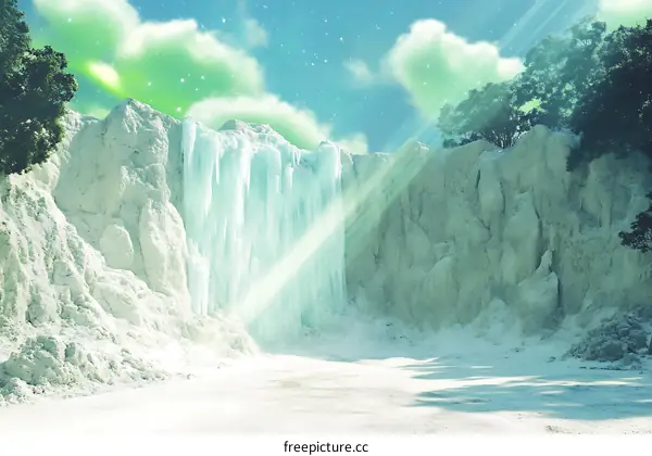 Frozen Waterfall Landscape with Green Aurora Borealis