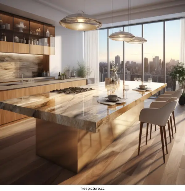 Modern kitchen interior design with large marble island and city view