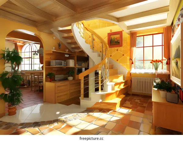 Modern Staircase Design with Wooden Handrail in a Cozy Home