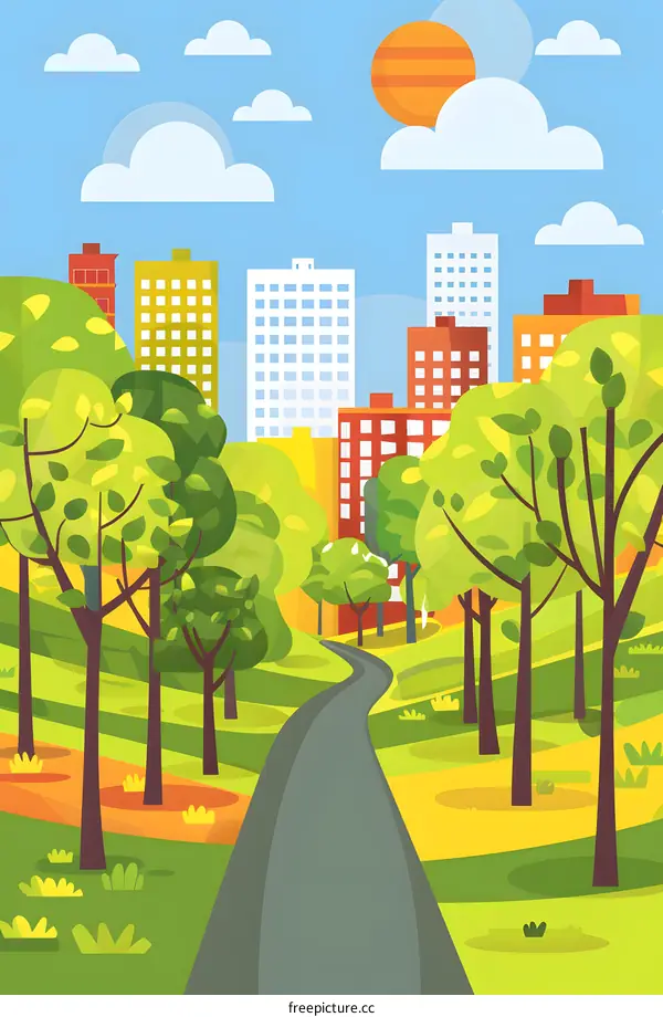 City Park with Winding Road and Buildings