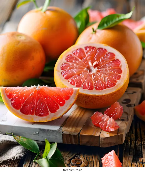 Freshly Sliced Grapefruit on Wooden Table