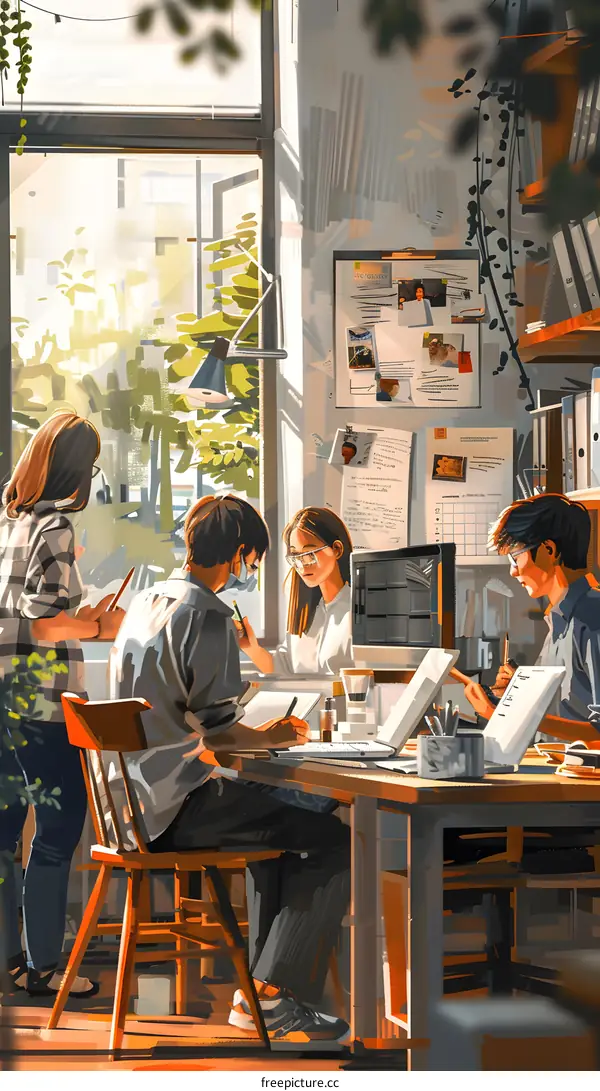 Four people in a room working together