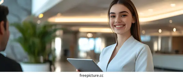 Smiling Businesswoman Holding Tablet in Office Lobby