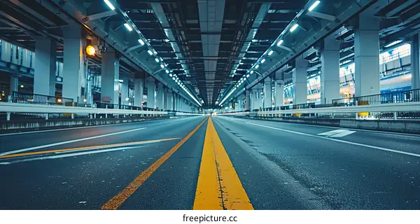 Empty Road Under the Bridge at Night