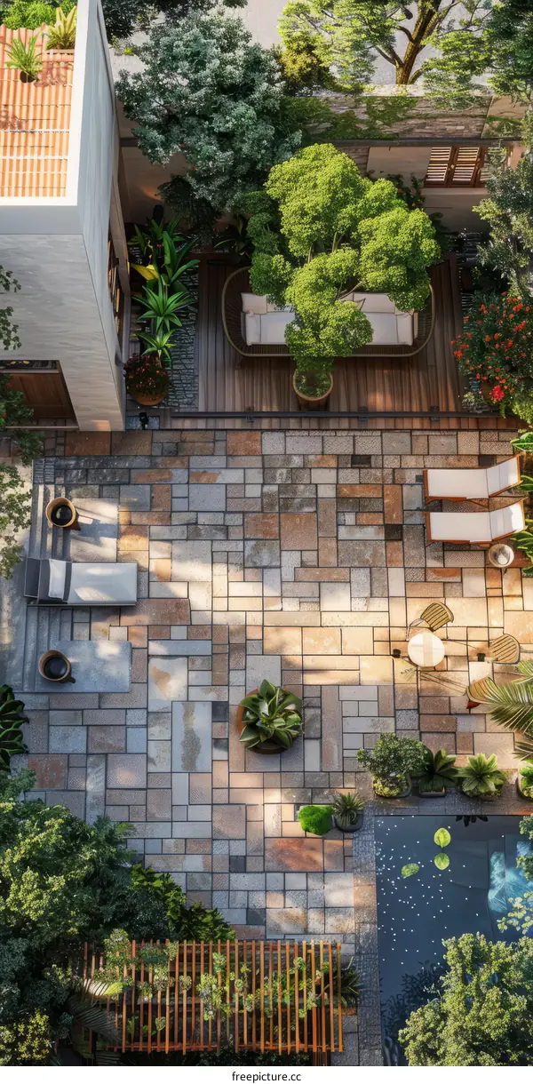 Courtyard with a swimming pool in a garden