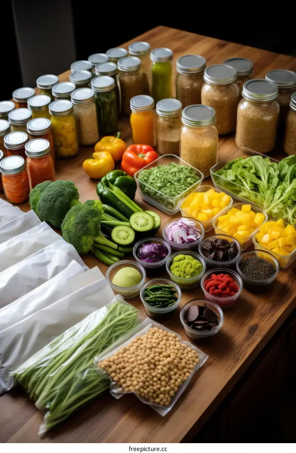 A colorful variety of fresh vegetables and other healthy food ingredients on a rustic wooden table
