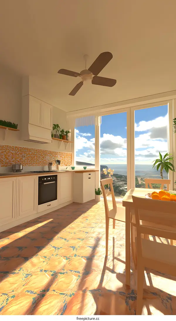 Modern Kitchen With Window View of Ocean and Sky