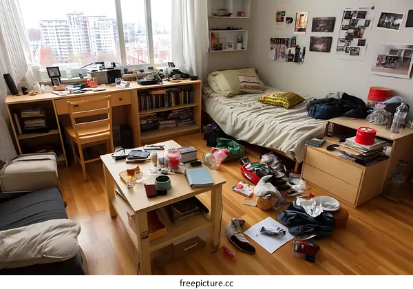 Messy student room with lots of belongings