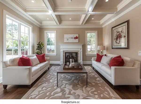 Luxury Living Room with Vaulted Ceilings and Fireplace