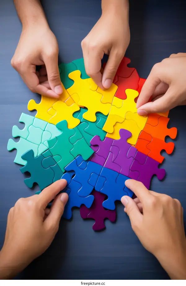 A group of multiracial people putting together a puzzle