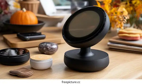 Black Makeup Mirror With Light on Wooden Table