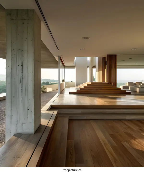 Modern House Interior Design with Concrete Column and Wooden Stairs