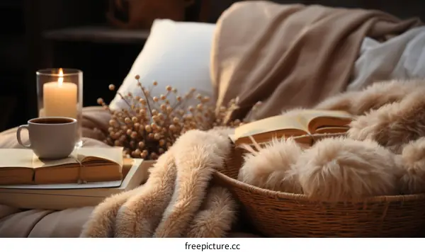 A cozy blanket and a cup of coffee on a sofa
