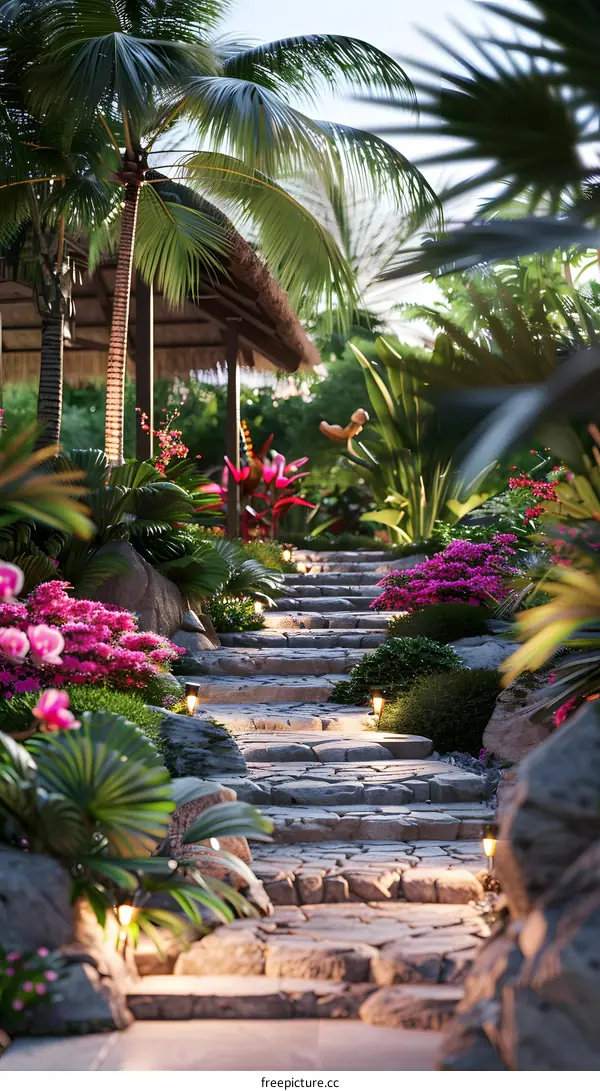 Tropical Garden Path with Stone Steps and Palm Trees