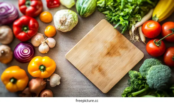 Assortment of Colorful Fresh Vegetables on a Wooden Cutting Board