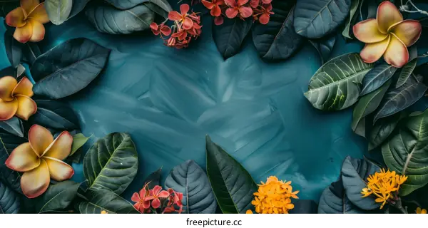 Vibrant Green Leaves and Tropical Flowers Frame
