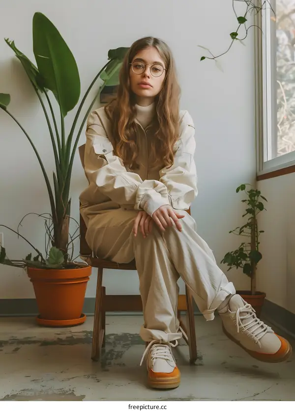 Woman Sitting on Chair Wearing Beige Pants and Sneakers