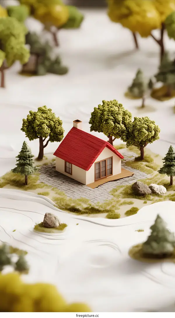 Small Red Roofed House in a Paper Forest
