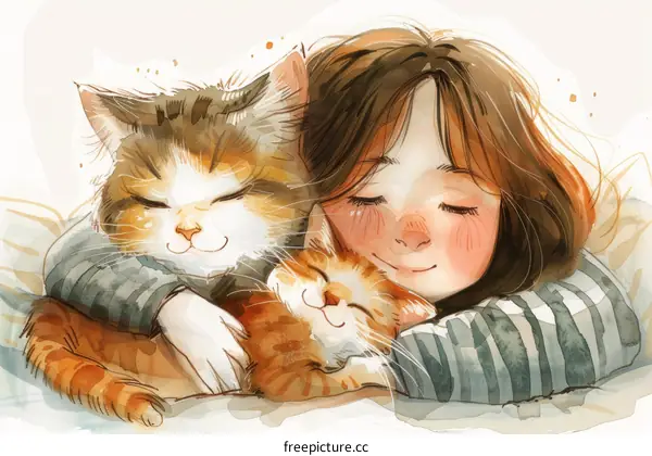 A girl hugging two cats