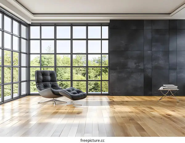 Modern Living Room Interior Design With Large Windows And Black Leather Chair