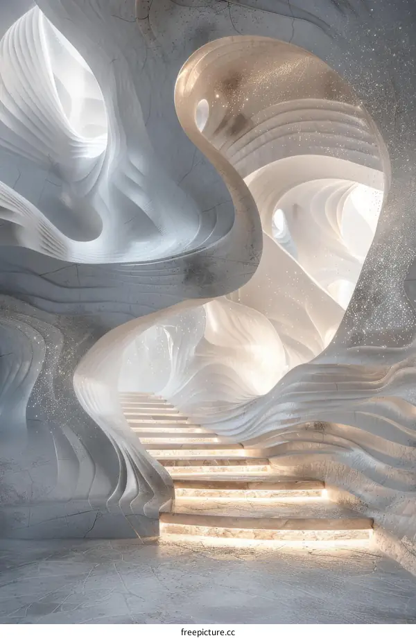 Abstract White Curved Walls With Stairs in 3D Render