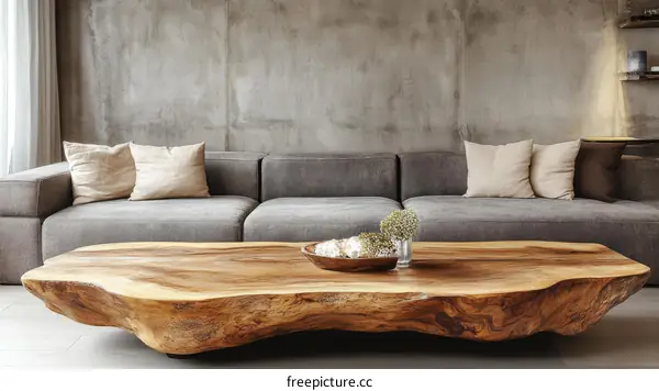 Modern Minimalist Living Room with a Unique Wooden Coffee Table