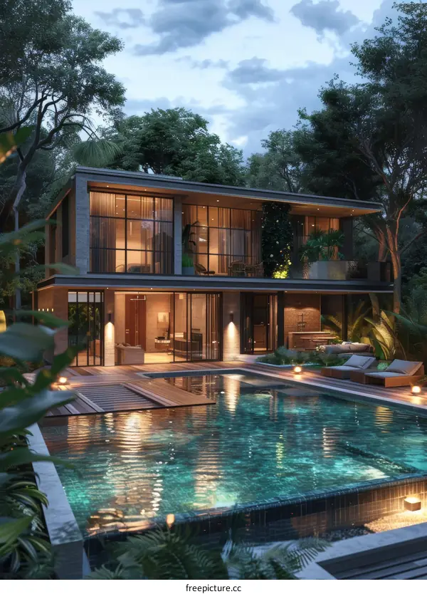 A modern house with a pool in the jungle