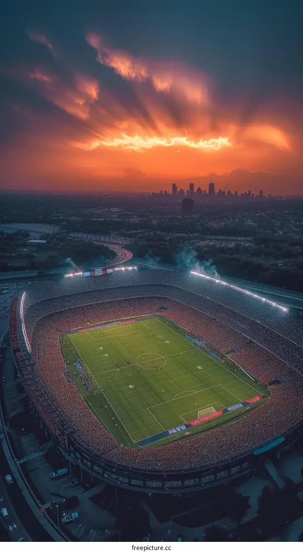 American football stadium at sunset with a beautiful cityscape in the background