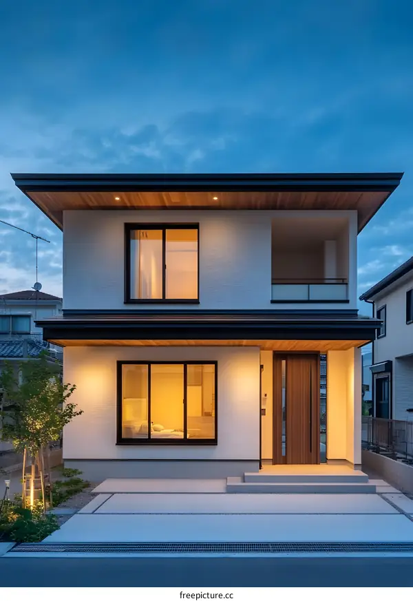 Modern Two Story Home with Wooden Roof and Balcony