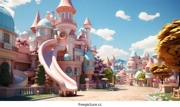 A whimsical digital painting of a colorful and vibrant cityscape with pink and blue pastel buildings and a pink slide in the foreground