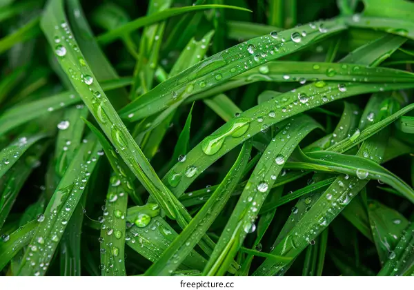 Close-up of green grass blades with dew drops on them